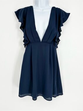 superdown Revolve Arabella Ruffle Deep V Mini Dress Navy Blue S